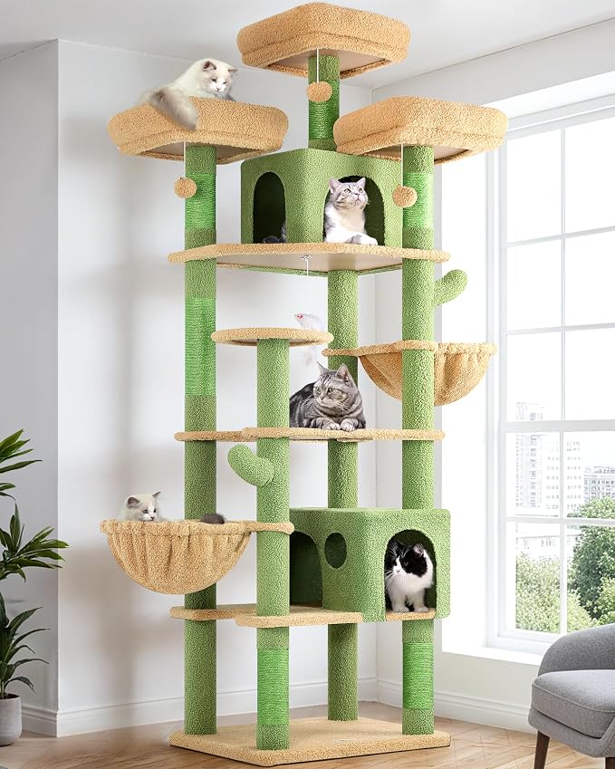 Globlazer Cactus Cat Tree Tower for Multiple Adult Cats, 82in, F82, Green | XXL Tall Cat Tree Tower for Indoor Cats with Scratching Post, 3 Perches, 2 Condos, 2 Hanging Baskets
