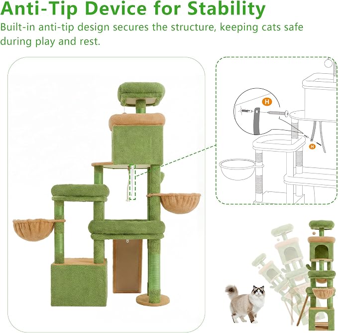Heybly Cat Tree 72.4-Inch Anti-Tip Cat Tower with Spacious Perches HCT060GY | All-in-One Cat Furniture for Large Cats, Multiple Interactive Areas, Extra-Large Sisal Scratching Board, Green and Yellow