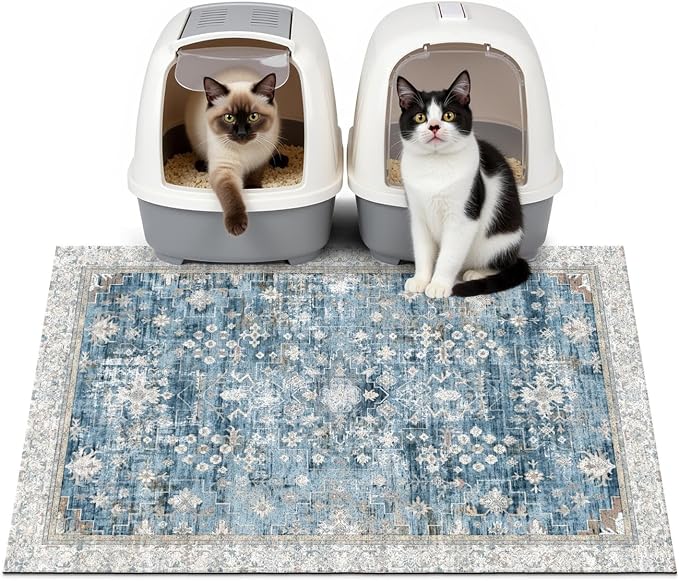 Cat Litter Mat Litter Trapping Mat, 33"x22" Waterproof Urine Proof Litter Box Mat Catcher Mat Non-Slip Washable for Kitty Kitten, Blue