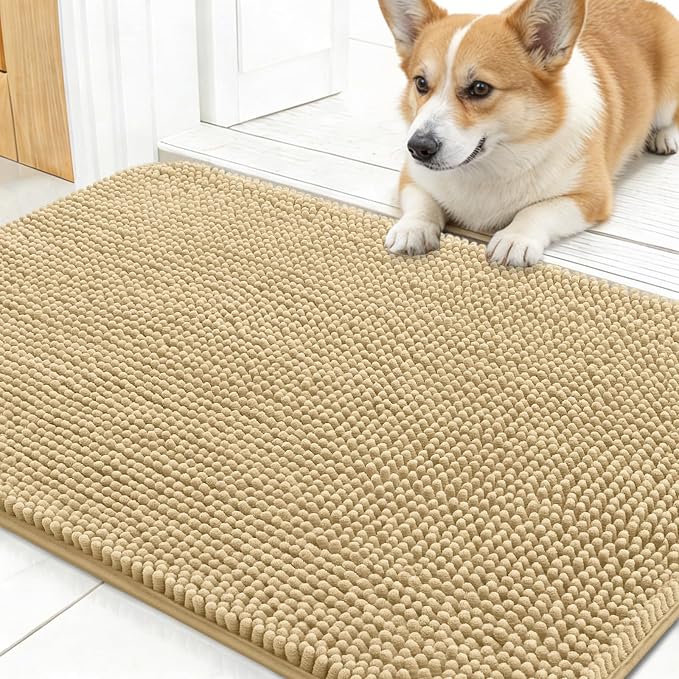 OLANLY Dog Door Mat for Muddy Paws 24x16, Super Absorbent Chenille Mud Mat | Beige, Absorbs Moisture and Dirt, Non-Slip Machine Washable Doormat, Quick-Drying Indoor Entryway Floor Carpet for Dogs
