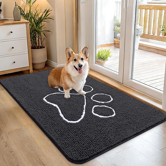 OLANLY Dog Door Mat for Muddy Paws 45x27, Paw Print Design Chenille Mud Mat | Dark Grey, Absorbent, Traps Moisture and Dirt, Non-Slip Washable Doormat, Quick-Drying Indoor Entryway Floor Carpet for Dogs