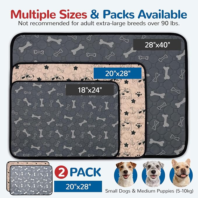 BAEJMJK Washable Dog Pee Pads, Reusable Dog Crate Mats Puppy Training Pads, 4-Layer Super Absorbent Waterproof Non-Slip Leak-Proof Ideal for Potty, Playpen & Travel(20"x28",Coffee & Gray 2-Pack)