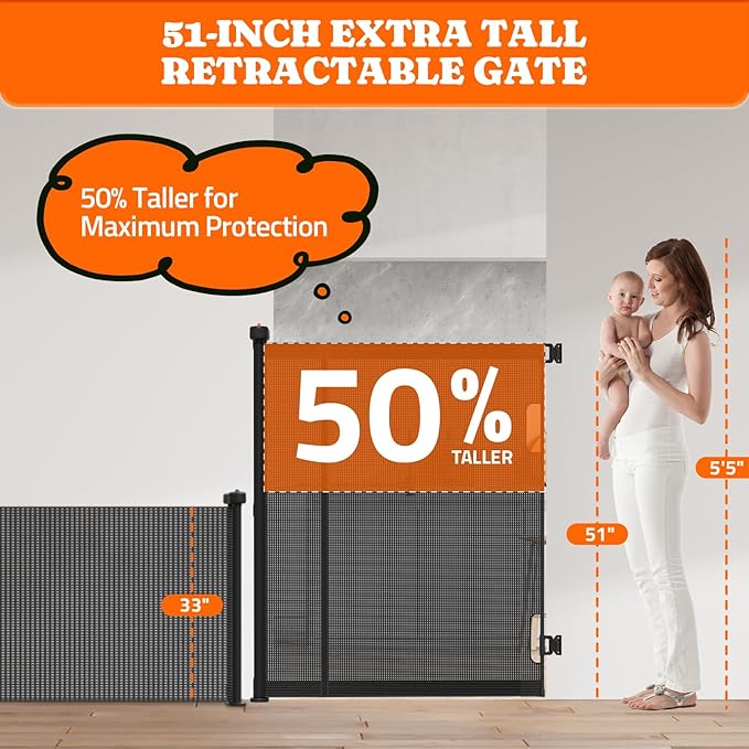 Extra Tall Retractable Baby Gates: 51" Tall Pet Gate, Extend up to 120" Wide, Mesh Baby Gate with Support Rods Jump-Proof Design for Cats & Large Dogs High Dog Indoor Outdoor, Black