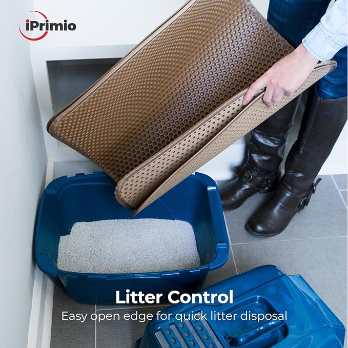 iPrimio Cat Litter Trapper Mat, Waterproof, Double Layer, 23" x 21", Brown | Double layer honeycomb traps scattered litter while the waterproof base blocks urine. Soft on paws and empties in one pour.