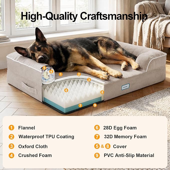 OhGeni Orthopedic Dog Bed Couch Big Cat Sofa for Extra Large Sized Pets with Memory Foam, Machine-Washable Waterproof Removable Cover, Soft Comfortable Fabric, 44-inch (Beige)