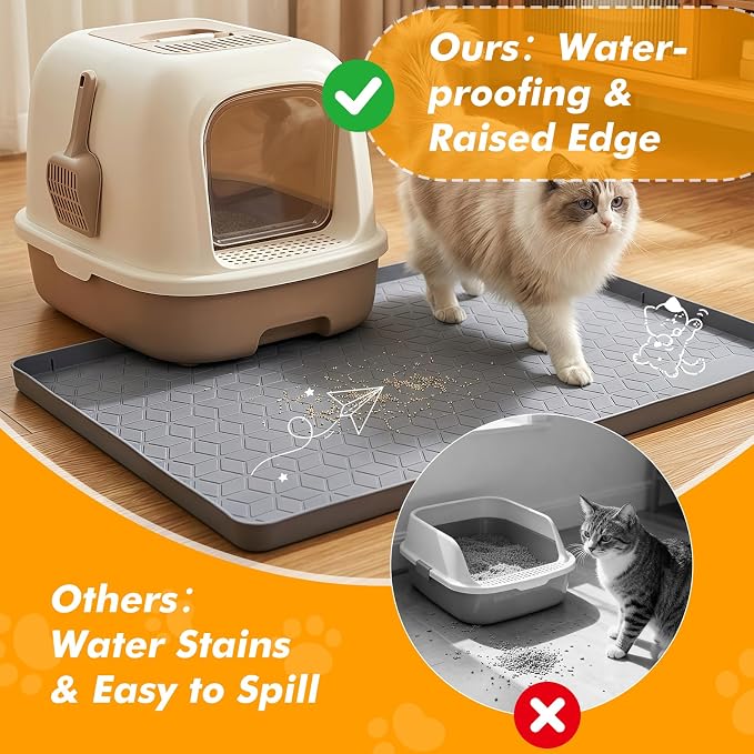 Cat Litter Mats for Floor, 34"x22" Silicone Litter Box Mat with Raised Edges, Highly Effective Litter Trapping Mat for Scatter Control, Non-Slip Waterproof Pad, Easy to Clean & Pet Friendly, Gray