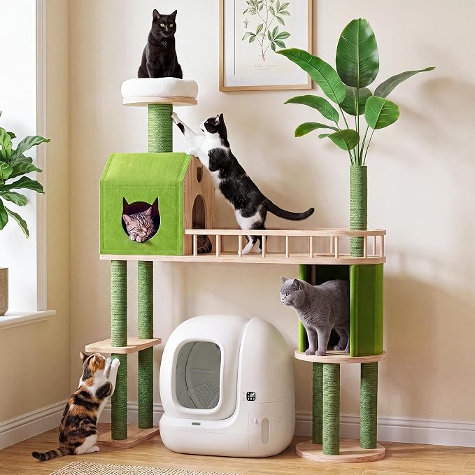 Wood Cat Tower for Self-Cleaning Litter Box, with Faux Plant, 58In | Multi-Level Cat Tree for Adult Large Cats, with Cozy Plush Bed, House, Scratching Posts, Cat Furniture for Indoor Cats, Green
