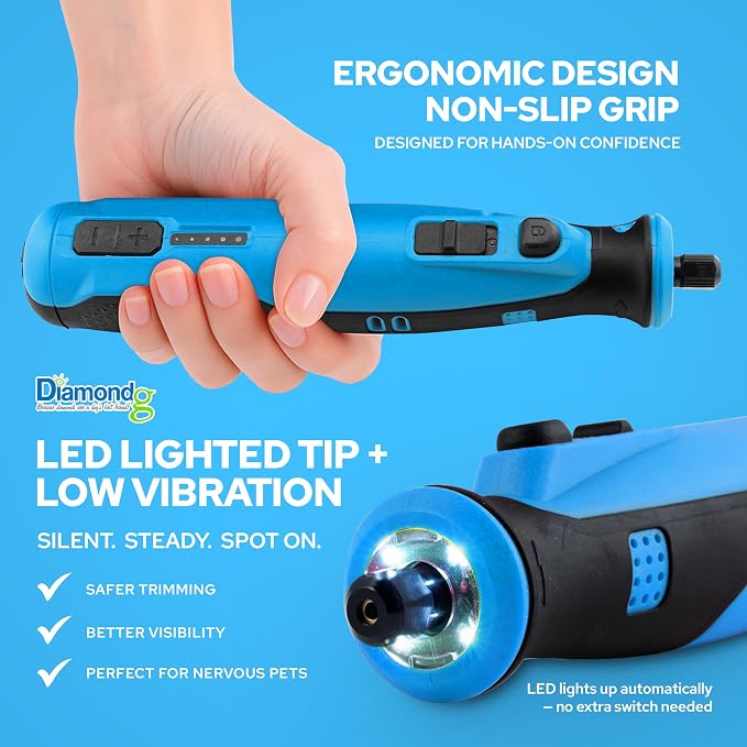 Diamondg Cordless Dog Nail Grinder - Quiet Sound with LED Light, Blue | 5-Speed Rechargeable Pet Nail Trimmer for Small & Large Dogs, USB-C Charging, 4hrs. Runtime, Painless, 2 Bits Included