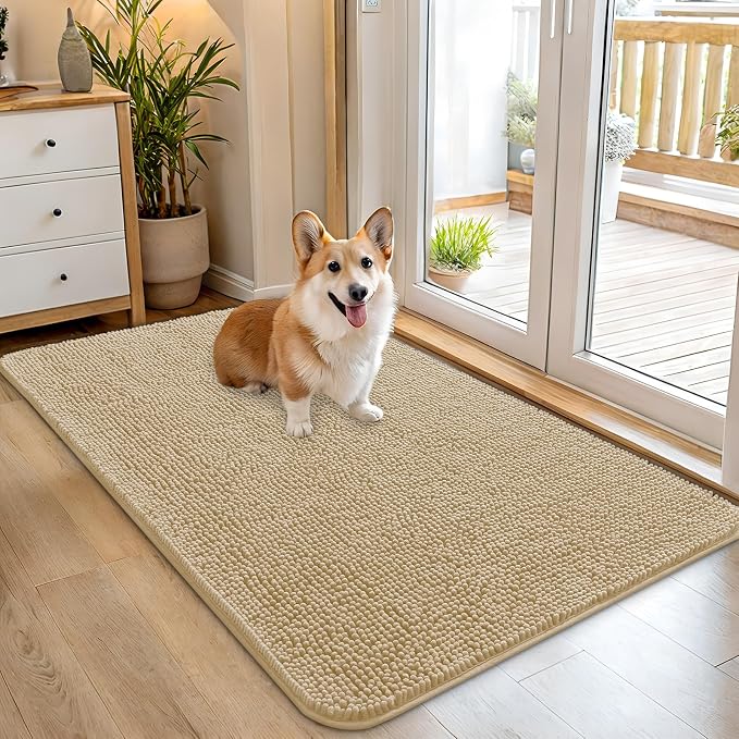 OLANLY Dog Door Mat for Muddy Paws 45x27, Super Absorbent Chenille Mud Mat | Beige, Absorbs Moisture and Dirt, Non-Slip Machine Washable Doormat, Quick-Drying Indoor Entryway Floor Carpet for Dogs