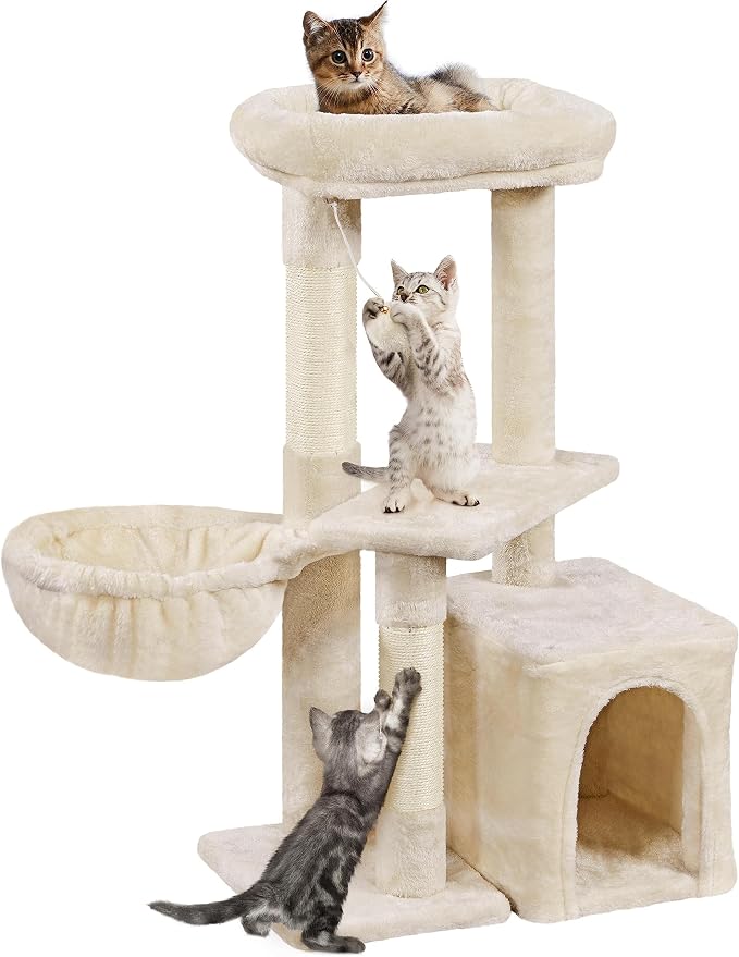 Topeakmart Multilevel Cat Tree Cat Scratching Posts Cat Houses and Condos with Condo & Nest & Platform & Basket for Indoor Cats and Kittens Play & Rest as Activity Center 33in