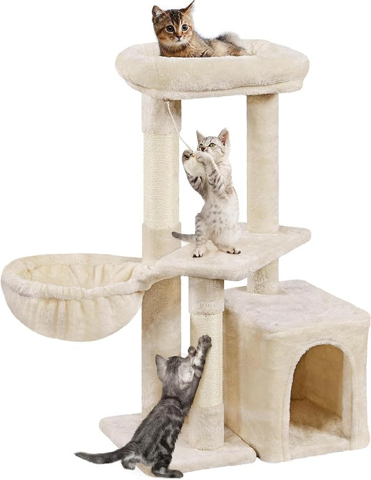 Topeakmart Multilevel Cat Tree Cat Scratching Posts Cat Houses and Condos with Condo & Nest & Platform & Basket for Indoor Cats and Kittens Play & Rest as Activity Center 33in