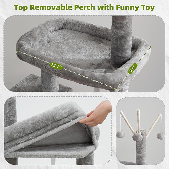 Cat Tree Tower for Indoor Cats, Top Platform with Toy, GCT006SW | 49.2 inch Cat Condo House, Sturdy Base, Scratching Post & Board, 3 Balls, Hanging Basket, Small Cats and Kittens, Light Gray