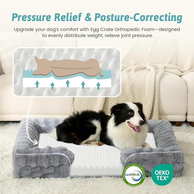 COZY KISS Orthopedic Dog Bed for Large Medium Size Dog, Soft and Warm Faux Fur Sofa for Pet Up to 75 lbs, Foam Bolster Anti-Slip Couch with Washable Removable Cover, L 36x27x6.5 inch, Grey
