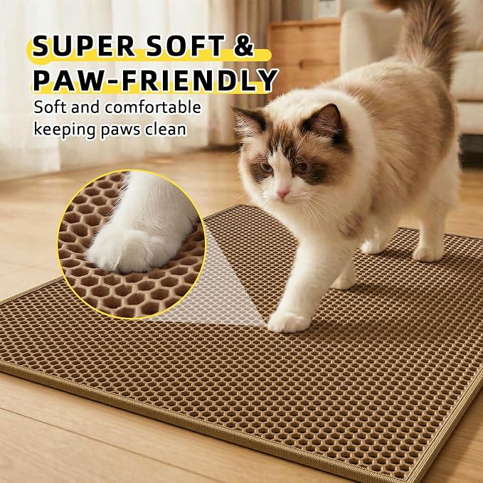 Cat Litter Mat, 30"x24", Waterproof, Easy to Clean (Brown-1Pack) | Double-Layer Honeycomb for Effective Litter Trapping, Premium Durable EVA, Non-Slip, Paw-Friendly Soft Surface