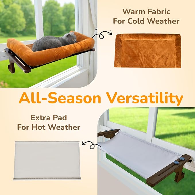 [Ready to Gift] PURRHOUSE 45LBS Cat Window Perch with Bolster, Hammock Seat with Plywood & Metal Frame, Cat Bed for Windowsill, Bedside and Cabinet (Walnut Wood & Brown Cushion, 24.8''W x 9.4''H)