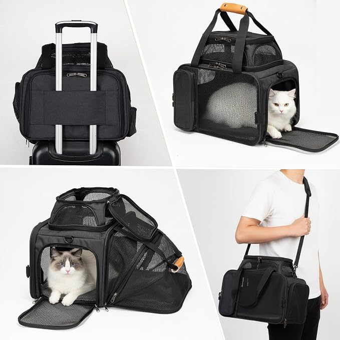 JUNGYOON Cat Carrier, Expandable Airline-Approved Soft-Sided Pet Travel Bag for Cats, Small Dogs & Small Pets, Breathable Mesh Design with Multi-Pockets & Fleece Pad (Dark Grey)