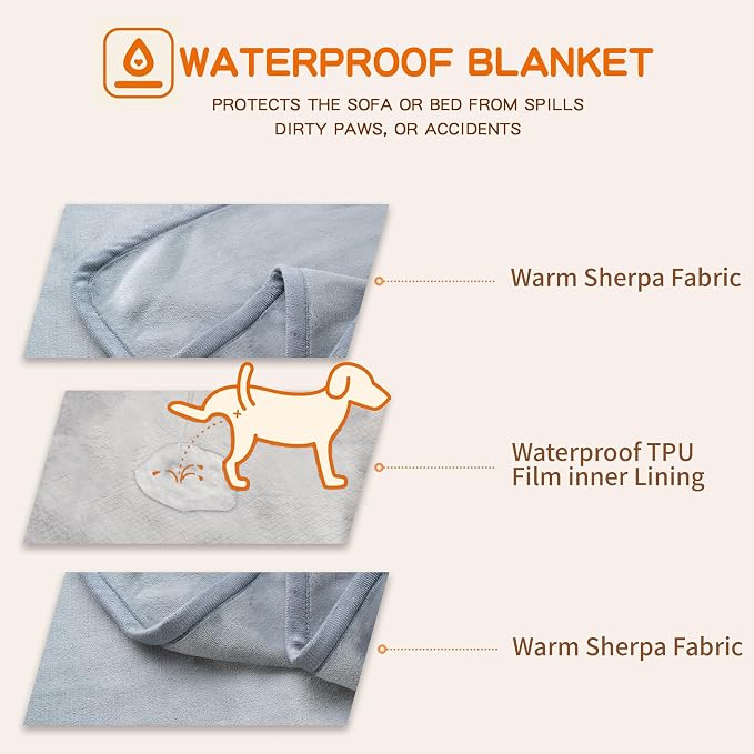 Waterproof Blanket for Couch Sofa Bed | Reversible Soft Flannel Throw Blanket for Medium Large Dogs Pet Leakproof, Protector for Crate, Travel, 50"x60", Light Grey