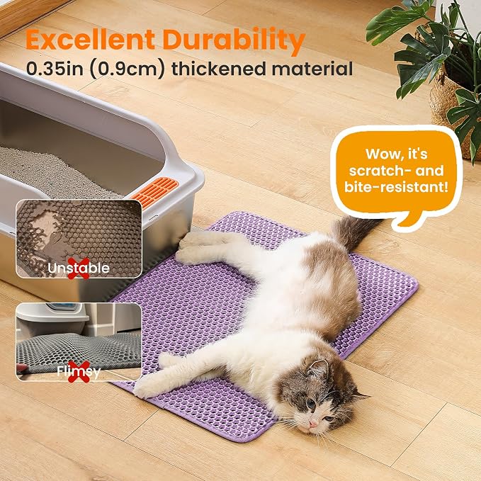 Cat Litter Mat, Double Layer Honeycomb Litter Box Mat | 24x18”, Efficient Litter Trapping, Easy to Clean, Waterproof, Non-Slip, Soft on Paws, Scratch Resistant, Purple, Large