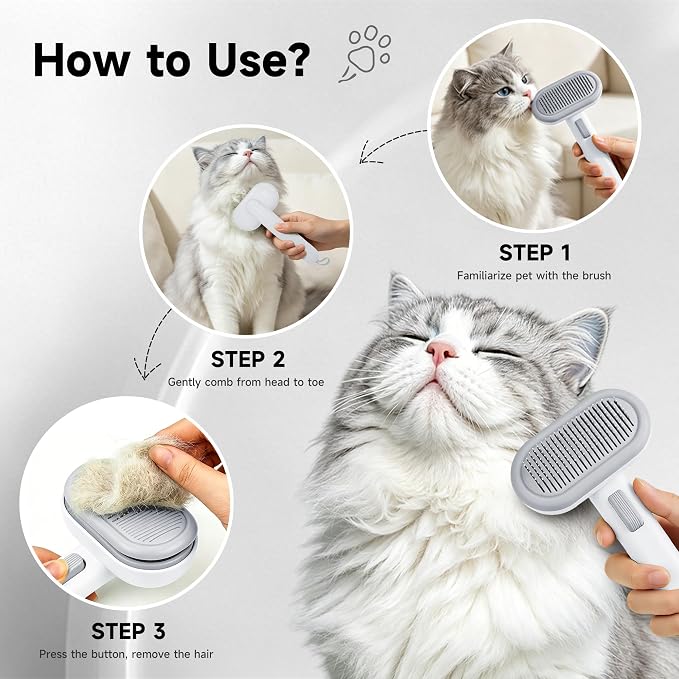 Cat Brush for Shedding for Indoor Cats & Dogs Shedding & Grooming | Self Cleaning Grooming Brush with Release Button, Smooth & Detangling, Grooming Comb for Cats Long & Short Haired Pets, Grey