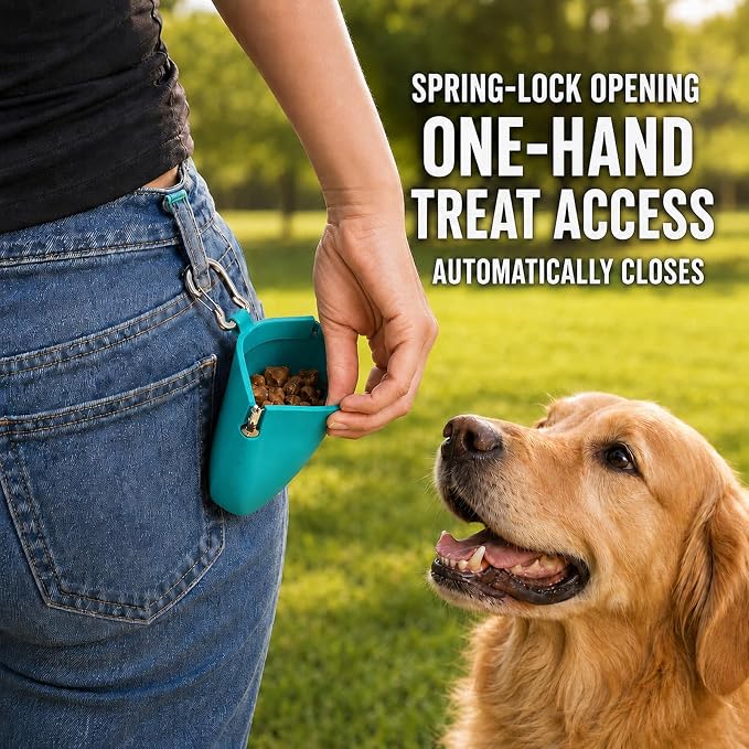 1 Cup Silicone Dog Treat Pouch, Dog Training Treat Bag, Green | One-Hand Use, Auto-Closes, No Spills When Inverted, Carabiner Keeps Pouch Secure, Easy to Clean, Holds Dry or Wet Dog Food