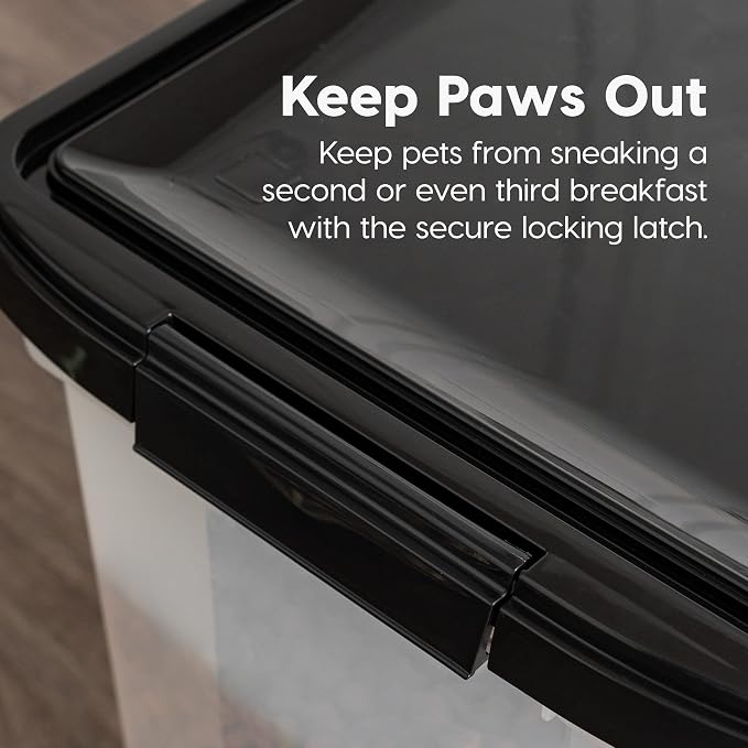 IRIS USA Airtight Dog Food Storage Container, WeatherPro, Up to 25 lbs, Removable Wheels, for Dog Cat Bird and Other Pet Food Storage Bin, Keep Fresh, Translucent Body, Made in USA, Clear/Black