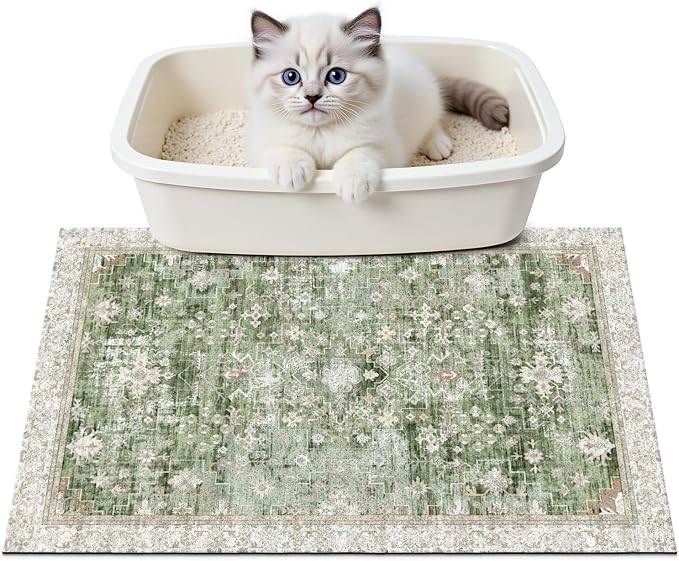Cat Litter Mat Litter Trapping Mat, 24"x15" Waterproof Urine Proof Litter Box Mat Catcher Mat Non-Slip Washable for Kitty Kitten, Green