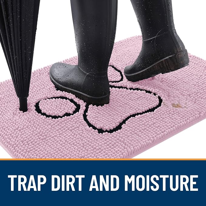 OLANLY Dog Door Mat for Muddy Paws 36x24, Paw Print Design Chenille Mud Mat | Dusty Rose, Absorbent, Traps Moisture and Dirt, Non-Slip Washable Doormat, Quick-Drying Indoor Entryway Floor Carpet for Dogs