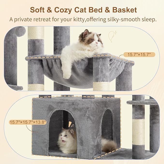 Heybly Heavy Duty Cat Tree with Large Base for Large Indoor Cats HCT026W | Cat Tower with Scratching Posts, Tall Cat Condo House , Multi-Level Plush Furniture with Hammock & Toy Balls, Light Gray