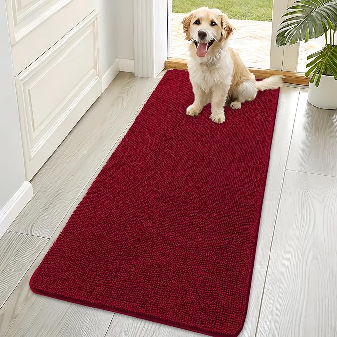 OLANLY Dog Door Mat for Muddy Paws 70x35, Super Absorbent Chenille Mud Mat | Red, Absorbs Moisture and Dirt, Non-Slip Machine Washable Doormat, Quick-Drying Indoor Entryway Floor Carpet for Dogs
