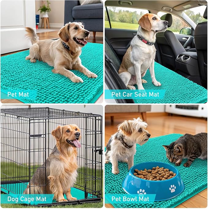 OLANLY Dog Door Mat for Muddy Paws 36x24, Super Absorbent Chenille Mud Mat | Teal, Absorbs Moisture and Dirt, Non-Slip Machine Washable Doormat, Quick-Drying Indoor Entryway Floor Carpet for Dogs