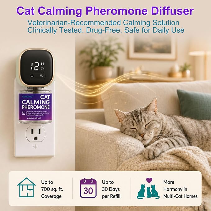 Smart Cat Calming Pheromone Diffuser, 1 Diffuser + 3 Refills | Smart Calming Diffuser with Timer And Auto-On Features, Effectively Reduces Anxiety, Fighting, Scratching & Pee Spraying
