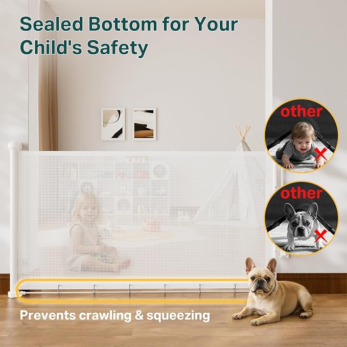 Cumbor 27-40" Retractable Baby Gates for Stairs & Doorways, Hardware Mounted Mesh Dog & Pet Gate, Easy Walk Through, One-Hand Operation, Anti-Crawl Adjustable Safety Gate for Dog, Indoor Outdoor White