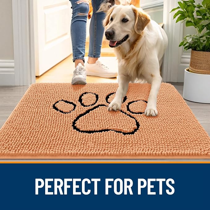 OLANLY Dog Door Mat for Muddy Paws 48x30, Paw Print Design Chenille Mud Mat | Orange, Absorbent, Traps Moisture and Dirt, Non-Slip Washable Doormat, Quick-Drying Indoor Entryway Floor Carpet for Dogs