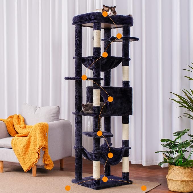 Heybly Cat Tree for Large Cats 20 lbs, 69 inches Cat Tower HCT031G | Heavy Duty Cat Condo for Indoor Cats, Multi-Level Furniture with Big Padded Plush Perch, Cozy Basket, Smoky Gray