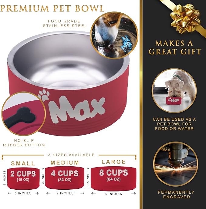 My Personal Memories Custom Personalized Stainless Steel Dog or Cat Bowl for Water and Food - Engraved Pet Bowl with Non Slip Bottom (Small - 18 Ounces, Red)