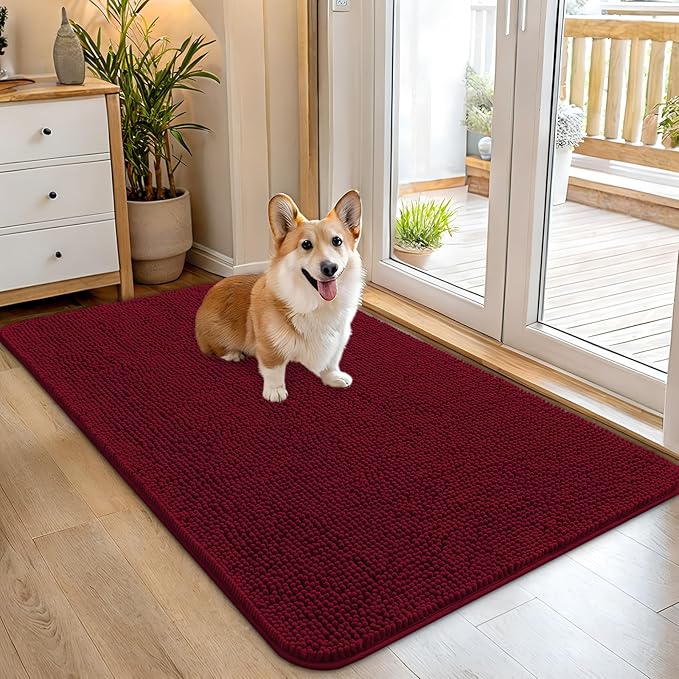 OLANLY Dog Door Mat for Muddy Paws 45x27, Super Absorbent Chenille Mud Mat | Burgundy, Absorbs Moisture and Dirt, Non-Slip Machine Washable Doormat, Quick-Drying Indoor Entryway Floor Carpet for Dogs