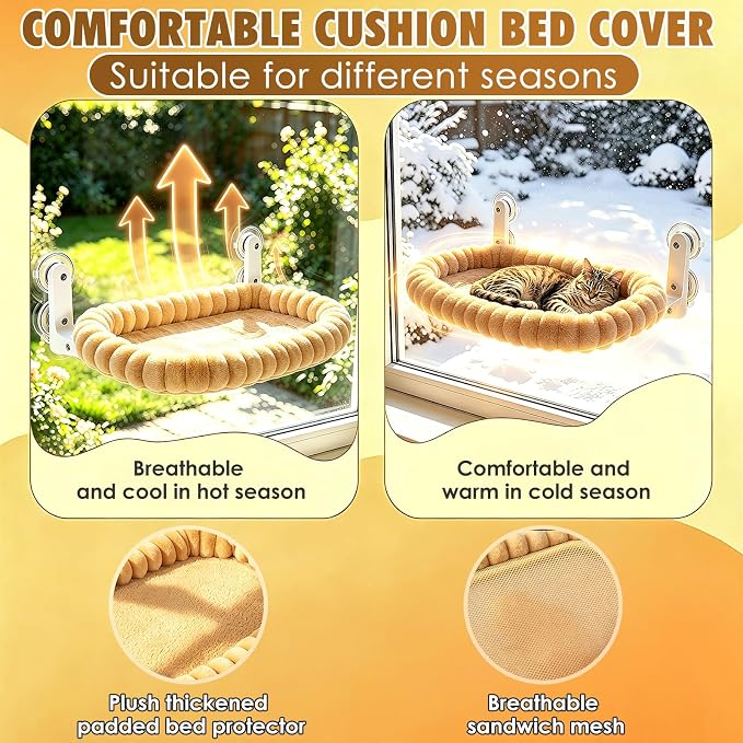 IPOW Cat Window Perch Cordless Foldable Cat Hammock Bed for Window with 4-Sided Bolster, Sturdy Metal Frame & Strong Suction Cups Window Hammock for Large Cats and Kittens
