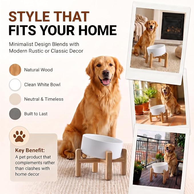hjn Elevated Ceramic Dog Bowl 15°Slanted Raised Dog Bowl with Bamboo Stand for Small Medium Dogs and Cats, Pet Feeder -7.6-Cup (1800ml)-White