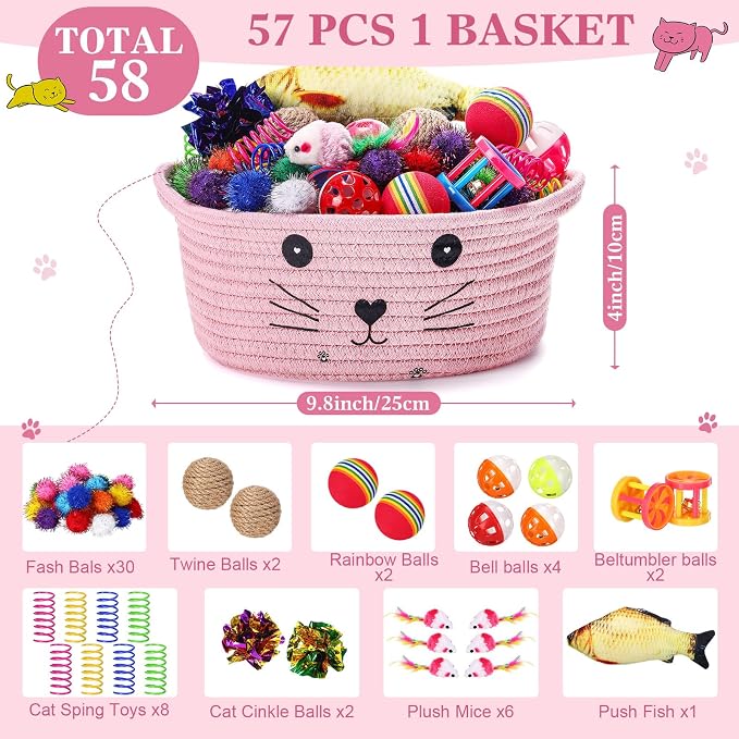 Zopeal 58 Pcs Summer Cat Storage Basket Gift Toys Set, Colorful Flashing Balls Pet Bell Crinkle Balls Spring Toys Attract Cat to Swat, Hunt, Interactive for Pet(Pink,9.8 Inch)