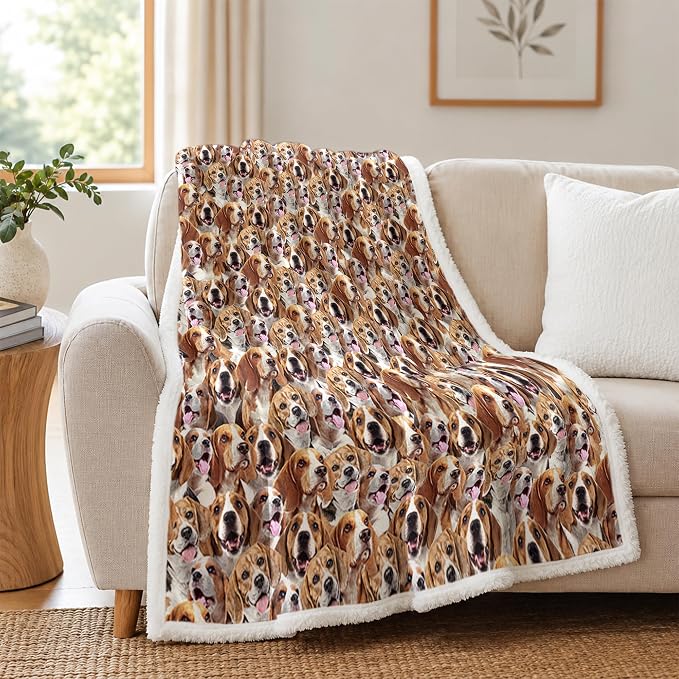 BlessLiving Beagle Brown Throw Blanket with Dense Dog Patterns Sherpa Fleece Blanket Couch Bed, Soft Cozy Warm Pet Blankets for Puppy Lovers Cute Animal Print Gift 60x80 Inches