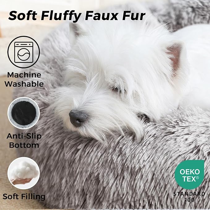 Calming Round Dog Bed & Cat Bed with Anti-Slip Bottom, Medium Size Washable Anti-Anxiety Donut Dog Beds for Small Dogs & Cats, Fluffy Plush Soft Dog Bed(24 Inch, Brown)
