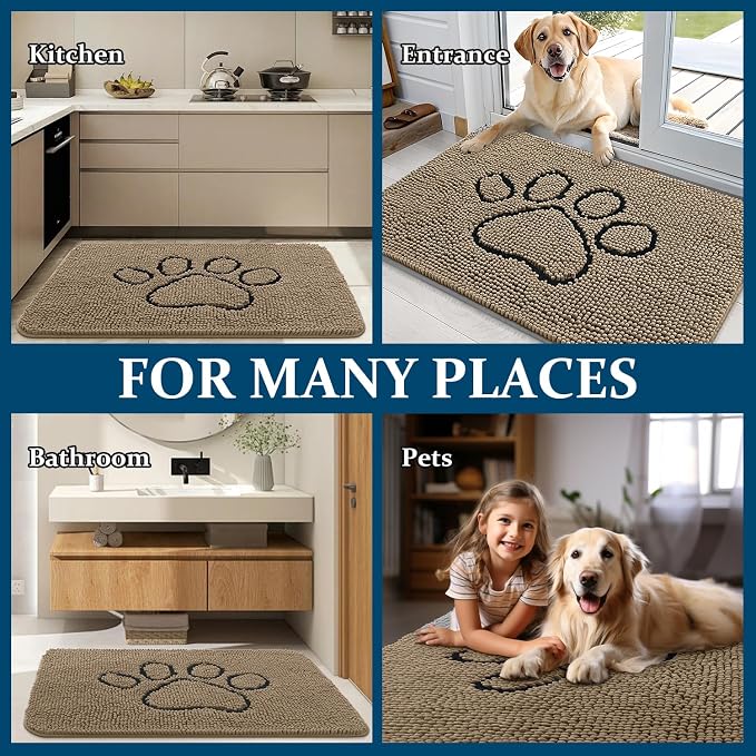 OLANLY Dog Door Mat for Muddy Paws 59x35, Paw Print Design Chenille Mud Mat | Tan, Super Absorbent, Traps Moisture and Dirt, Non-Slip Washable Doormat, Quick-Drying Indoor Entryway Floor Carpet for Dogs
