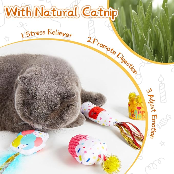 ADABOO 4PCS Cat Birthday Toy Set, Birthday Cake and Crown, Plush Catnip Toy with Crinkle Paper & Tinsel, Soft Interactive Toy, Perfect for Cat Lovers
