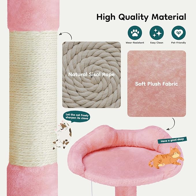 DUMOS 54-inch Cat Tree Tower with Scratching Posts, Indoor Use | Multi-Level Pet House for Large Cats with 2 Condos, Round Platform, Small Ladder and Toys, Pink