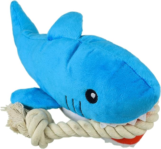 Native Pup Dog Toy Rope and Plush Stuffed Squeaker, Tug of War Toys for Dogs, Puppy Welcome Home Add on for Pets (Shark)