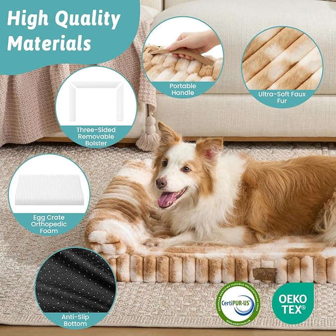 COZY KISS Ultra Soft Faux Rabbit Fur Dog Bed for Small Dogs – 30"x20" Orthopedic Foam Couch, Removable Washable Cover & Waterproof Lining, Tie-Dye Brown