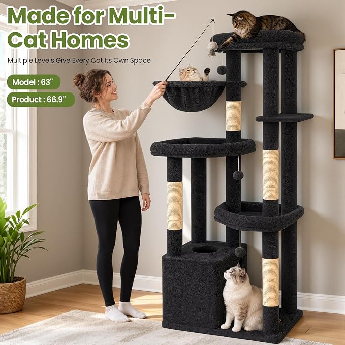 67in Cat Tree Tower for Indoor Cats, Multi-Level Dark Grey | Climbing Tower with 3 Large Platform, 4 Scratching Posts, Hammock, Large Condo for Multiple Cats, Modern Cat Tree Furniture