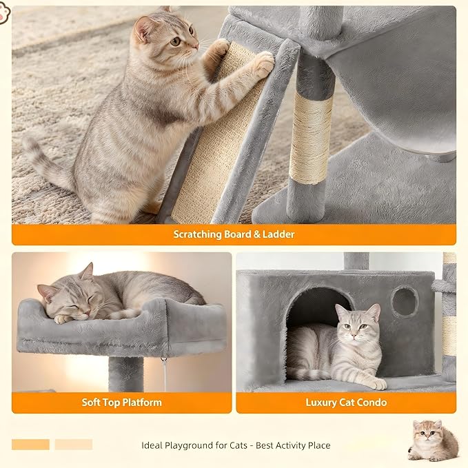 Multi-Level Cat Tree for Large Cats,63 Inches Heavy Duty Cat Tree for Indoor Cat Big Cat Tower with Sisal Scratching Posts Padded Platform, Hammock and Condo