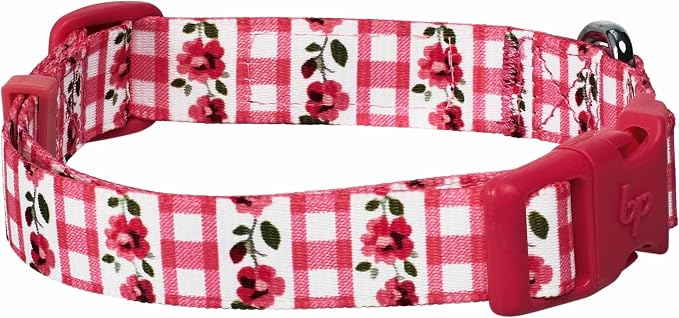 Blueberry Pet Spring Scent Inspired Dainty Flower Dog Collar, Pink Check, Adjustable Dog Collar for Large Dogs, Size Large, Neck 18-26"