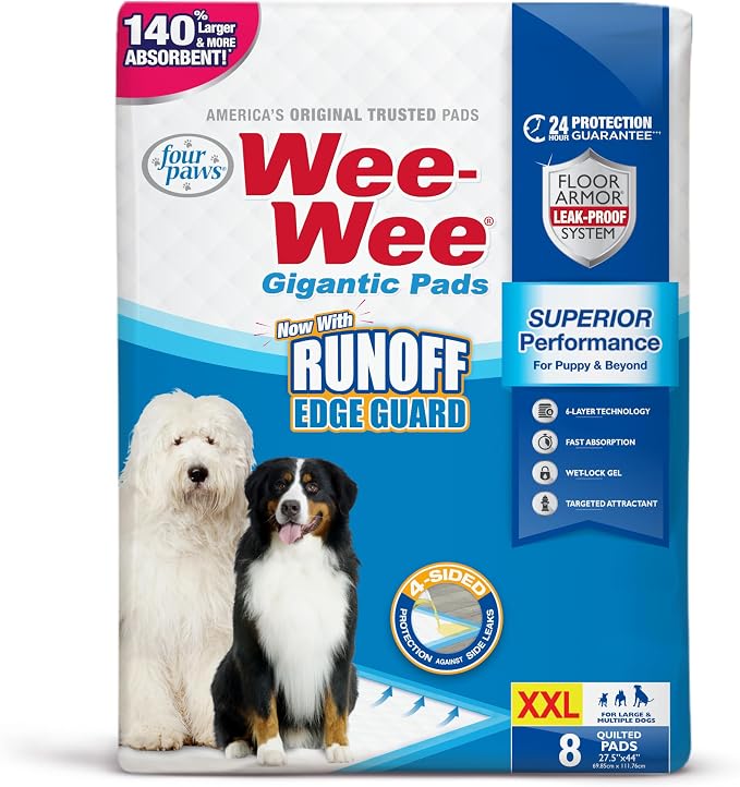 Four Paws Wee-Wee Superior Performance Pee Pads for Dogs with Runoff Barrier Edge Guard Protection, Puppy & Dog Potty Training Pads, Housebreaking Pet Supplies, 27.5" x 44" (8 Count)
